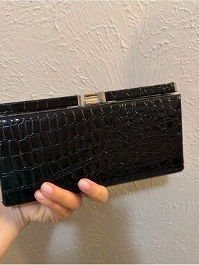 Black Croc-Embossed Patent Clutch